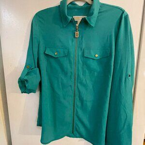 MICHAEL KORS teal zip-up blouse women SIZE L. snap buttons.Quiet luxury